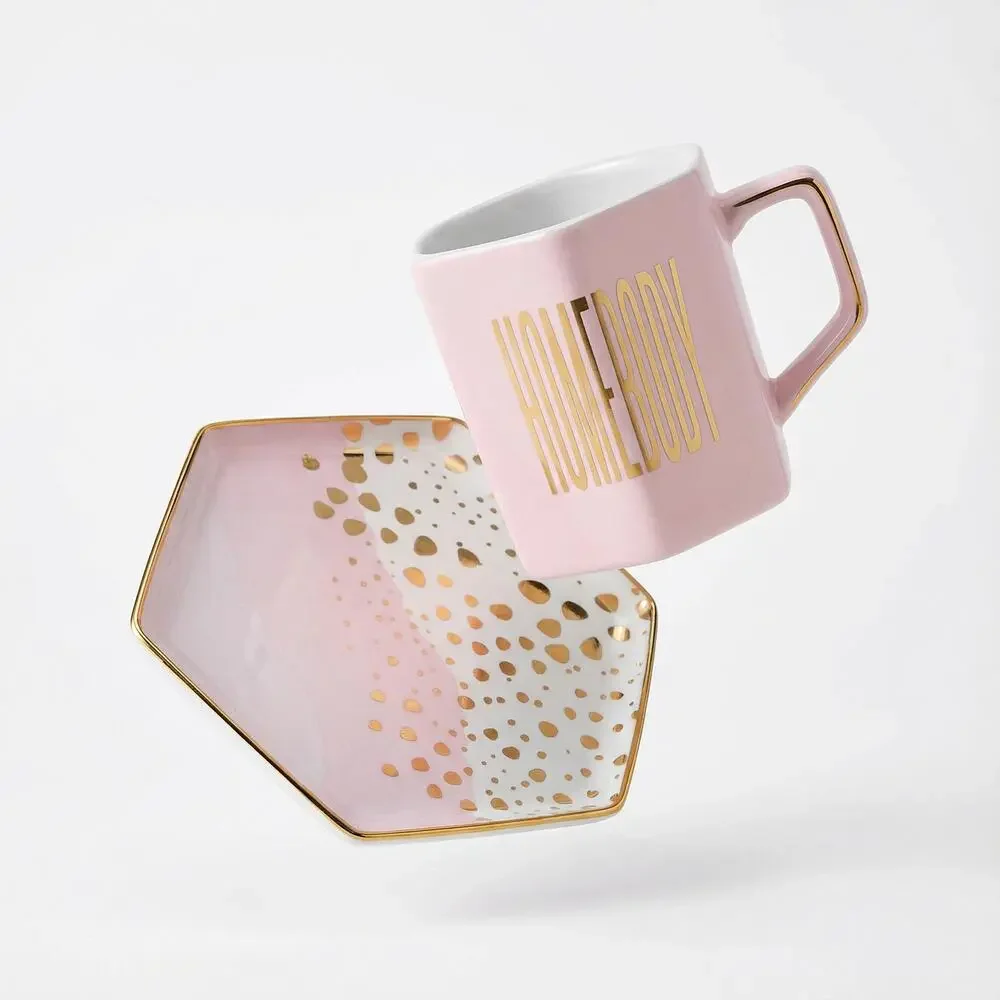 Homebody Hexagon Mug and Saucer Set in Pink with Gold Dot Pattern
